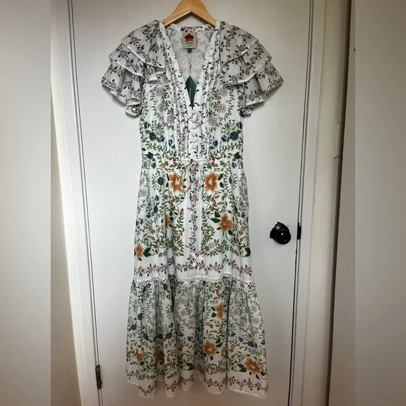 Farm Rio Folk Floral Lace Midi Dress White Sz extra small - Picture 4 of 16